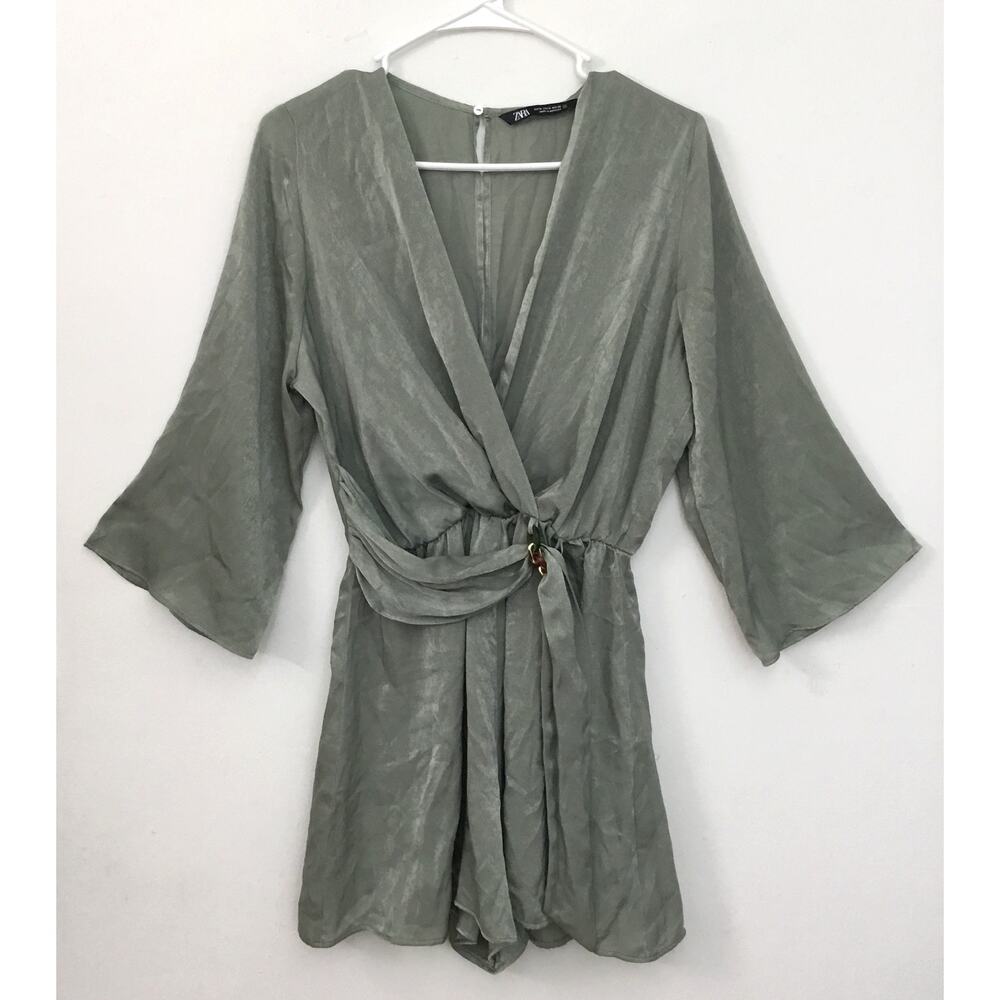 ZARA Satin Wide Sleeve Overlap Belt Detail Stretch Waist Romper in Green Sz M - Picture 2 of 8